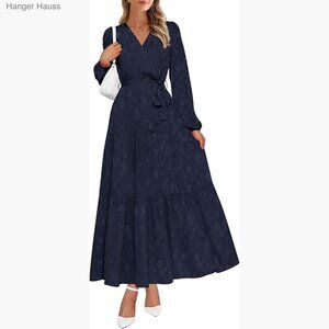 Long Sleeve Wrap V Neck Maxi Dress Floral Ruffle Tie Waist Boho Chiffon